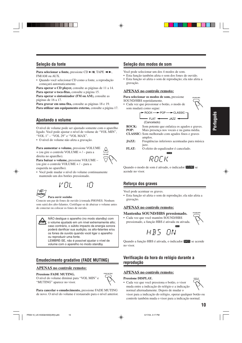 10 portugu ê s, Seleção da fonte, Ajustando o volume | Emudecimento gradativo (fade muting), Seleção dos modos de som, Reforço dos graves | JVC UX-H330 EN ES User Manual | Page 63 / 80