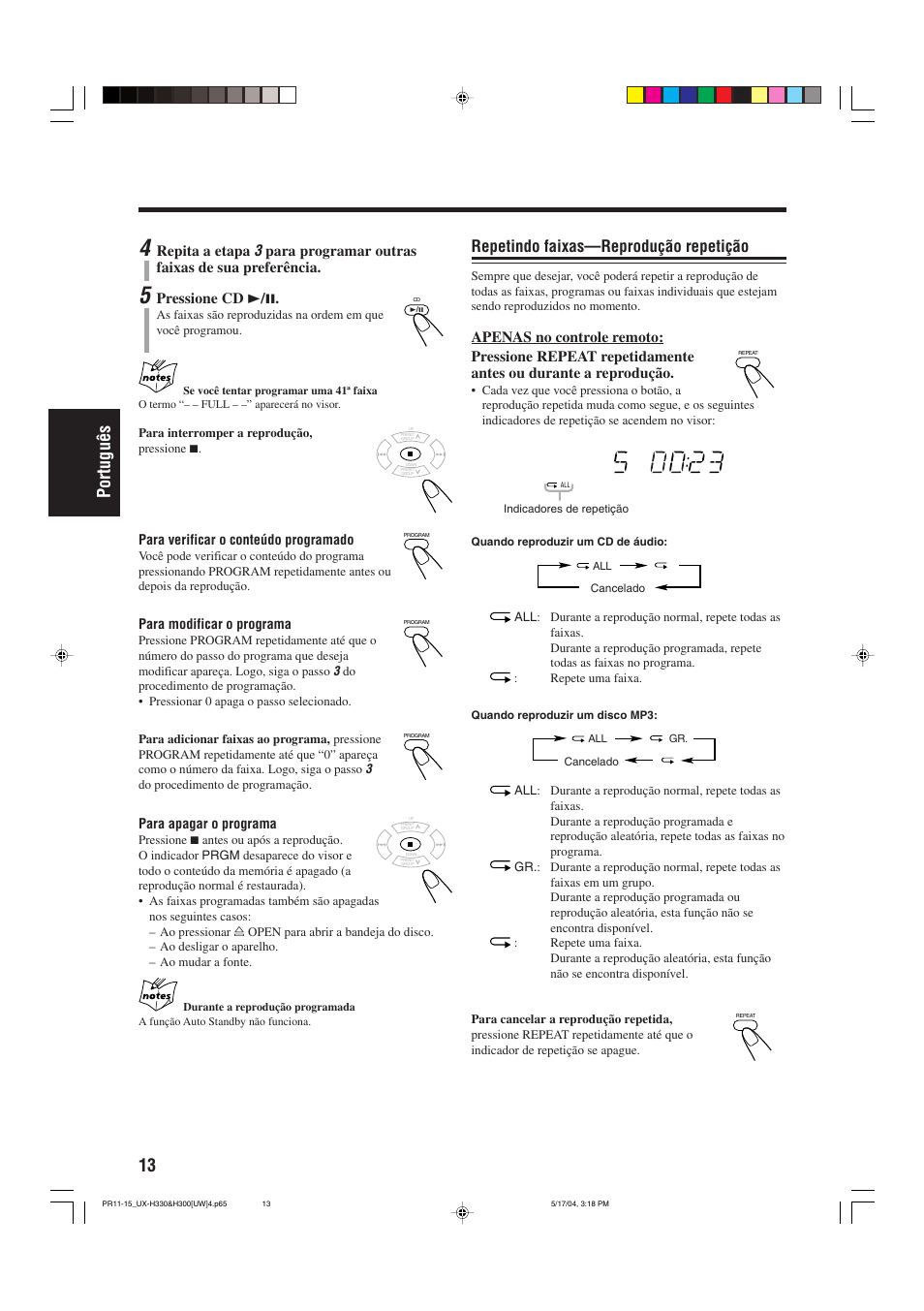 13 portugu ê s, Repetindo faixas—reprodução repetição, Repita a etapa | Para programar outras faixas de sua preferência, Pressione cd 3 / 8 | JVC UX-H330 EN ES User Manual | Page 66 / 80
