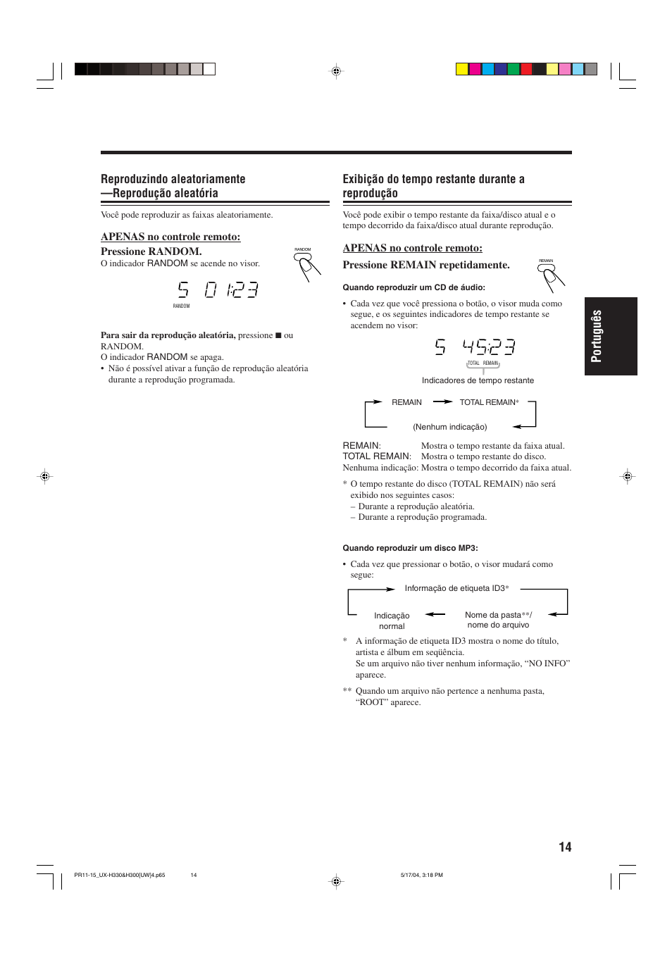 14 portugu ê s, Reproduzindo aleatoriamente —reprodução aleatória, Exibição do tempo restante durante a reprodução | JVC UX-H330 EN ES User Manual | Page 67 / 80