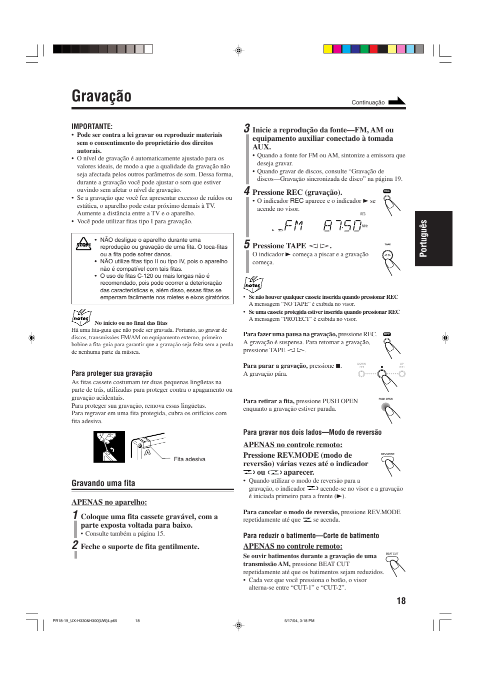 Gravação, 18 portugu ê s, Gravando uma fita | JVC UX-H330 EN ES User Manual | Page 71 / 80