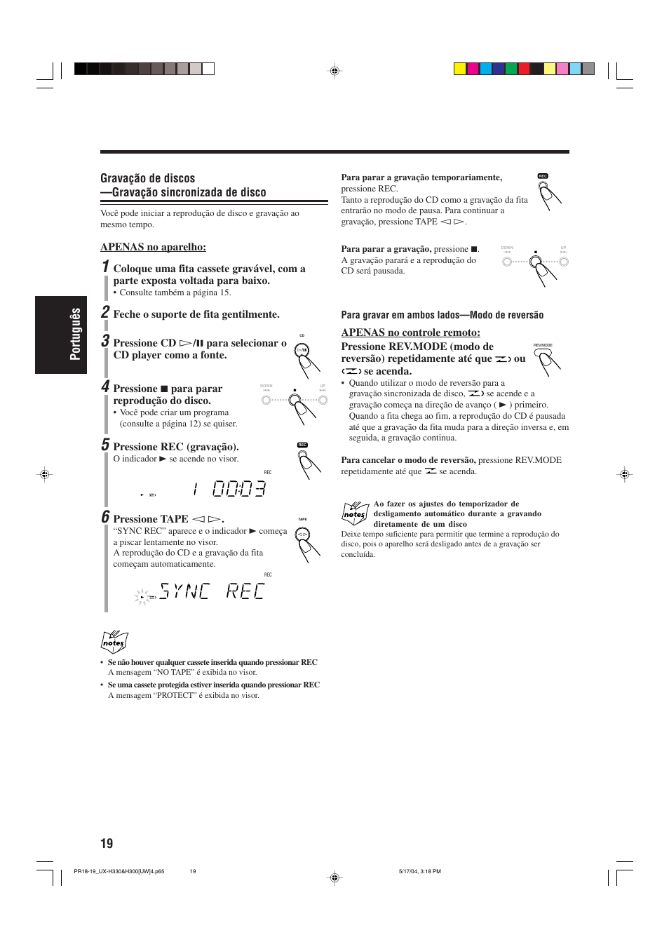 19 portugu ê s, Gravação de discos —gravação sincronizada de disco | JVC UX-H330 EN ES User Manual | Page 72 / 80