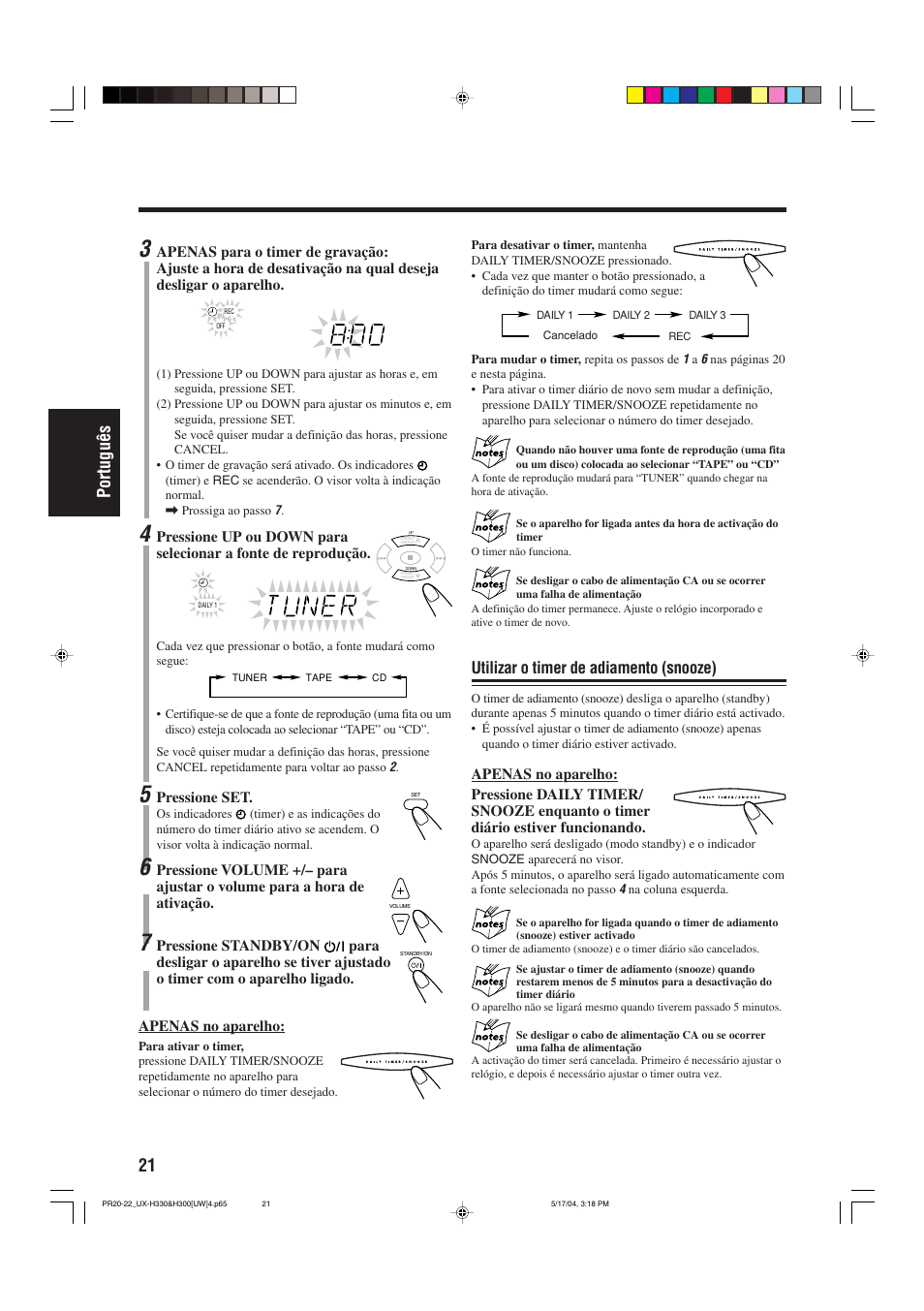 21 portugu ê s, Utilizar o timer de adiamento (snooze) | JVC UX-H330 EN ES User Manual | Page 74 / 80