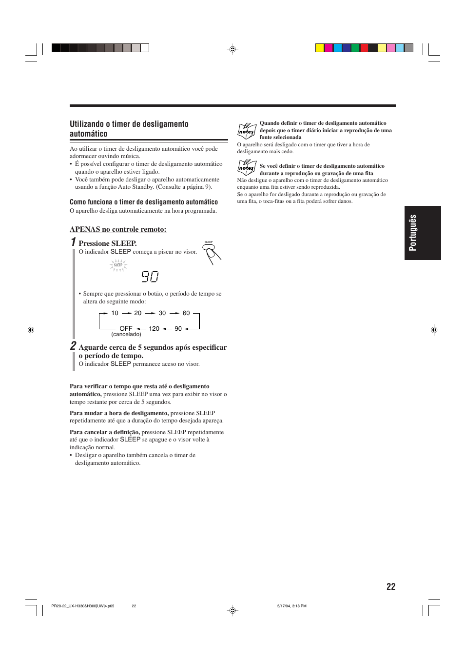 22 portugu ê s, Utilizando o timer de desligamento automático | JVC UX-H330 EN ES User Manual | Page 75 / 80