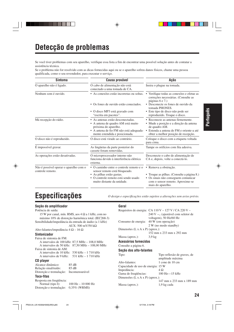Detecção de problemas, Especificações, 24 portugu ê s | JVC UX-H330 EN ES User Manual | Page 77 / 80