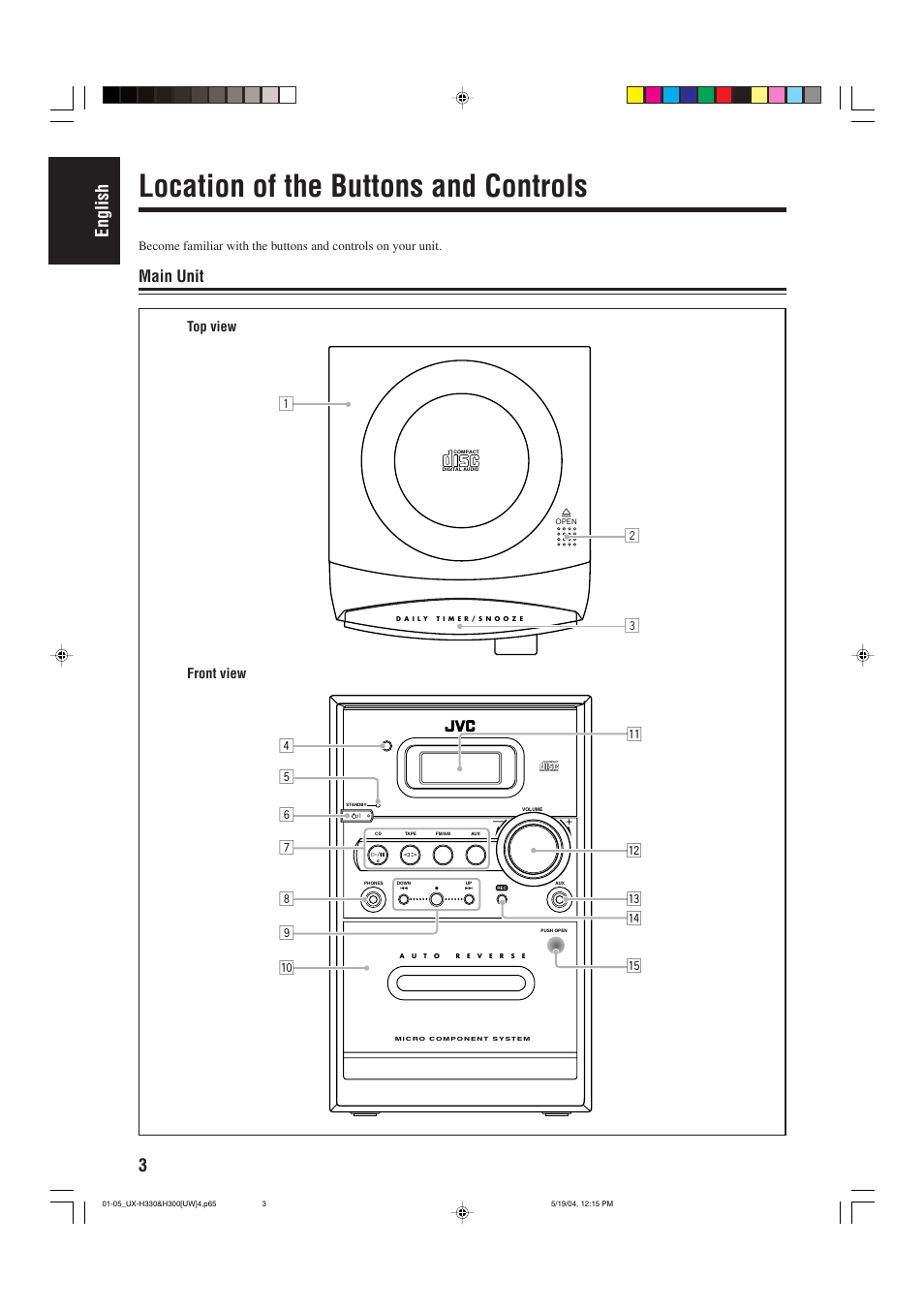 Location of the buttons and controls, 3english, Main unit | Top view front view | JVC UX-H330 EN ES User Manual | Page 8 / 80