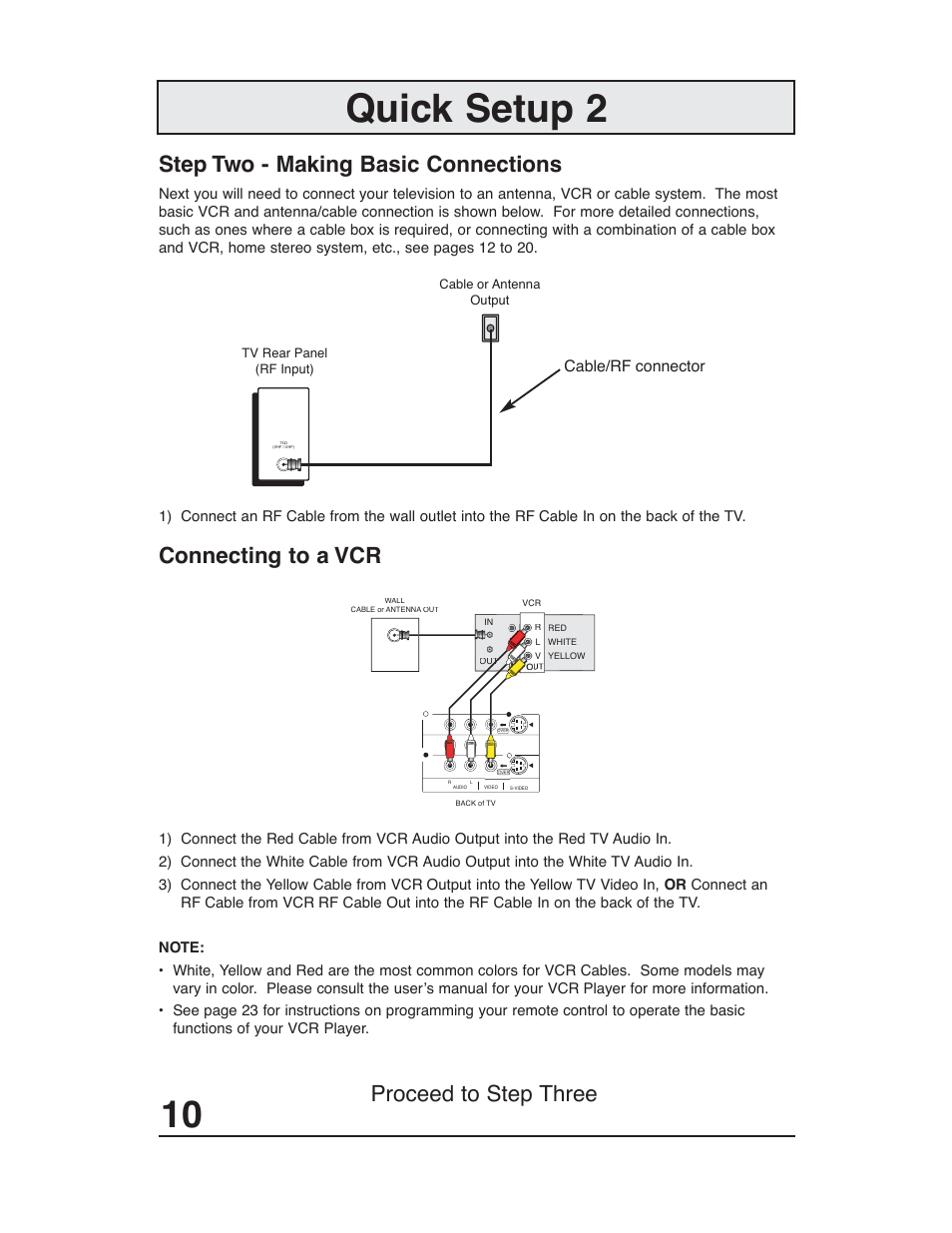 Quick setup 2, Step two - making basic connections, Connecting to a vcr proceed to step three | JVC AV-48WP30 User Manual | Page 10 / 68