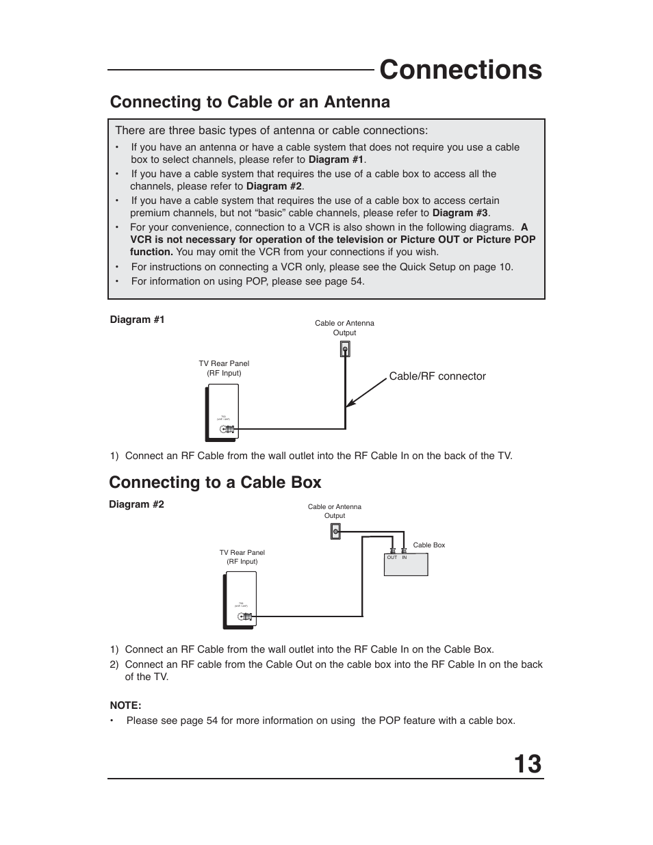 Connections, Connecting to a cable box, Connecting to cable or an antenna | JVC AV-48WP30 User Manual | Page 13 / 68