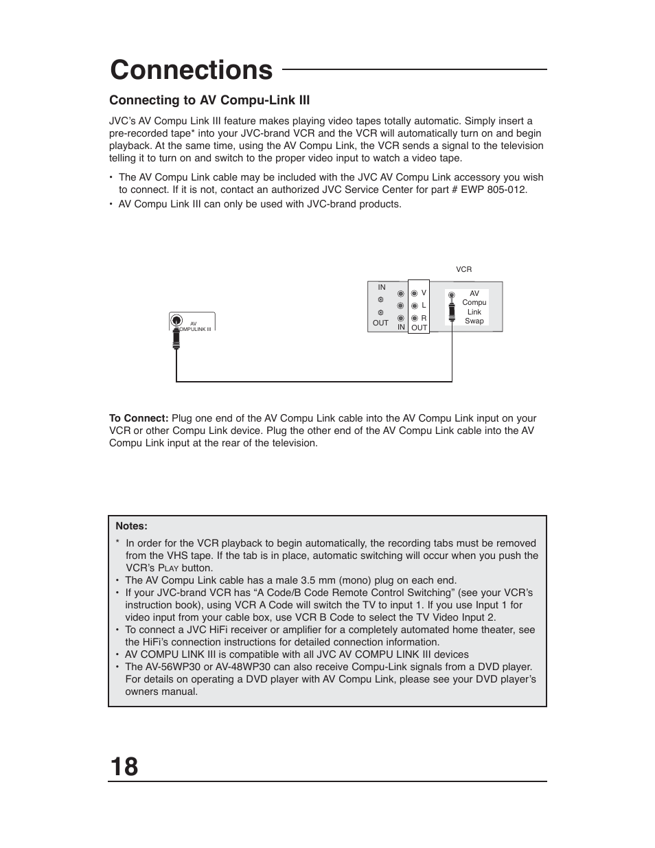 Connections, Connecting to av compu-link iii | JVC AV-48WP30 User Manual | Page 18 / 68