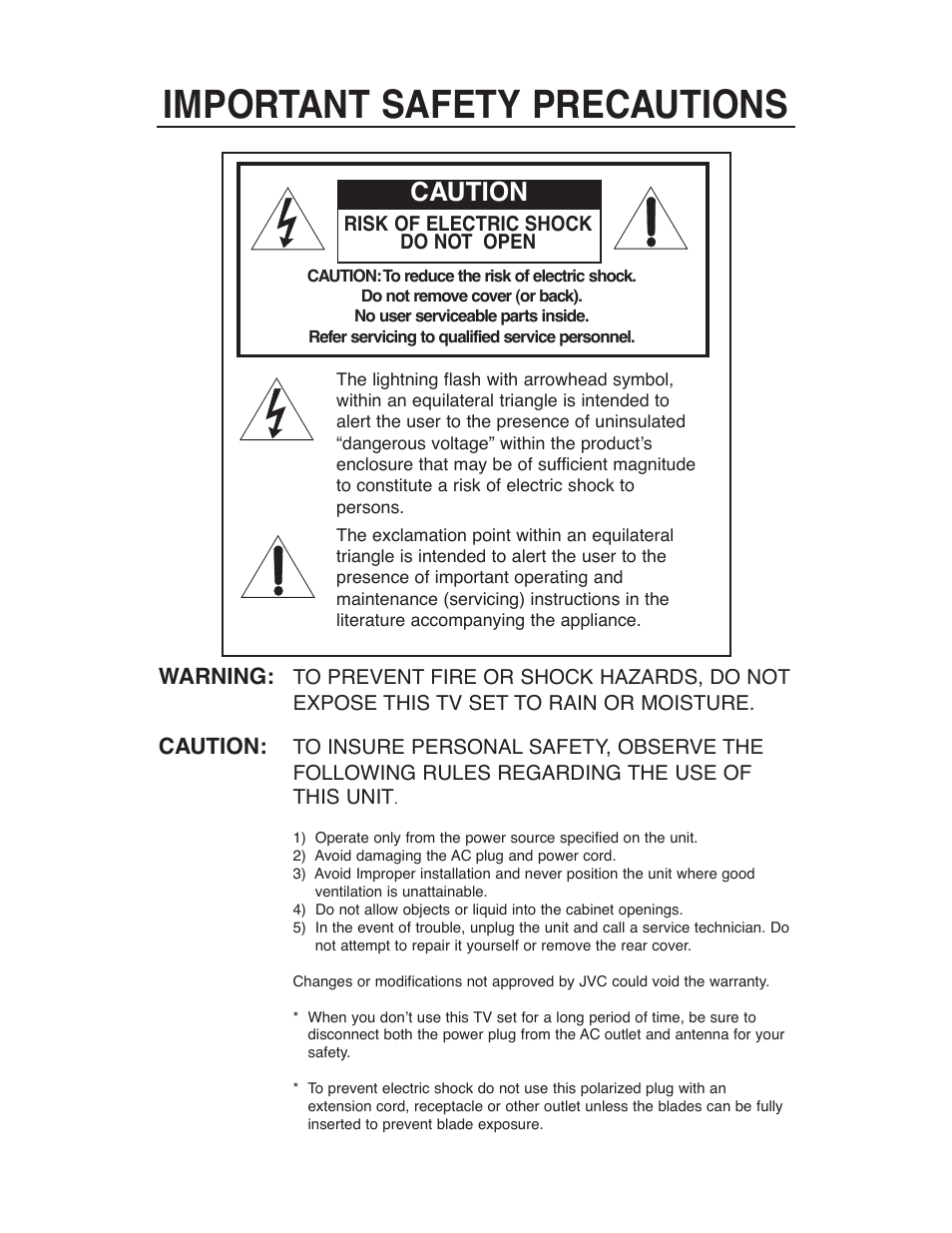 Important safety precautions, Warning, Caution | JVC AV-48WP30 User Manual | Page 2 / 68