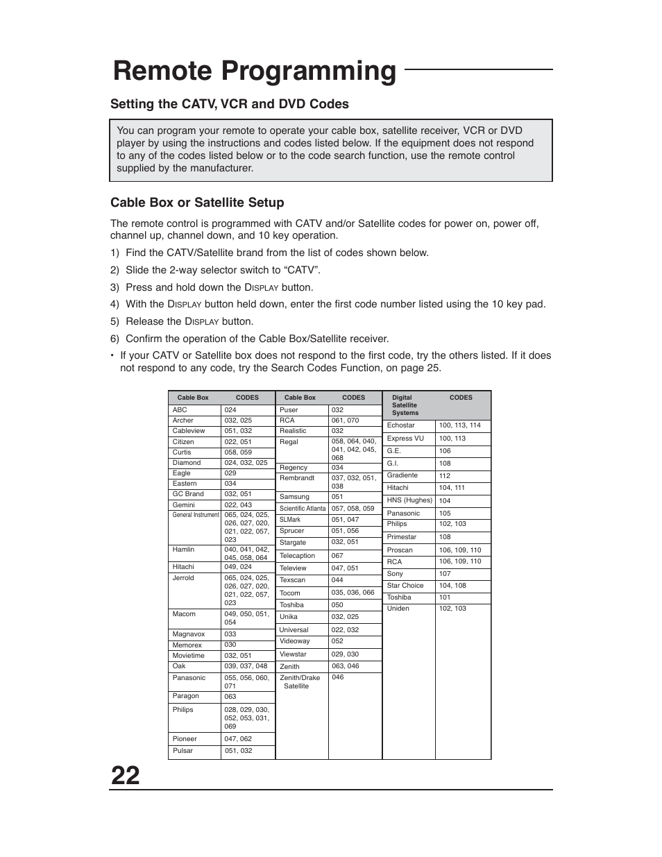 Remote programming, Setting the catv, vcr and dvd codes, Cable box or satellite setup | JVC AV-48WP30 User Manual | Page 22 / 68