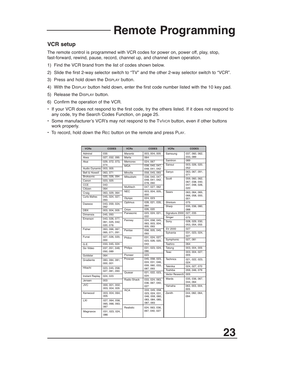 Remote programming, Vcr setup, Button. 4) with the d | Button on the remote and press p | JVC AV-48WP30 User Manual | Page 23 / 68