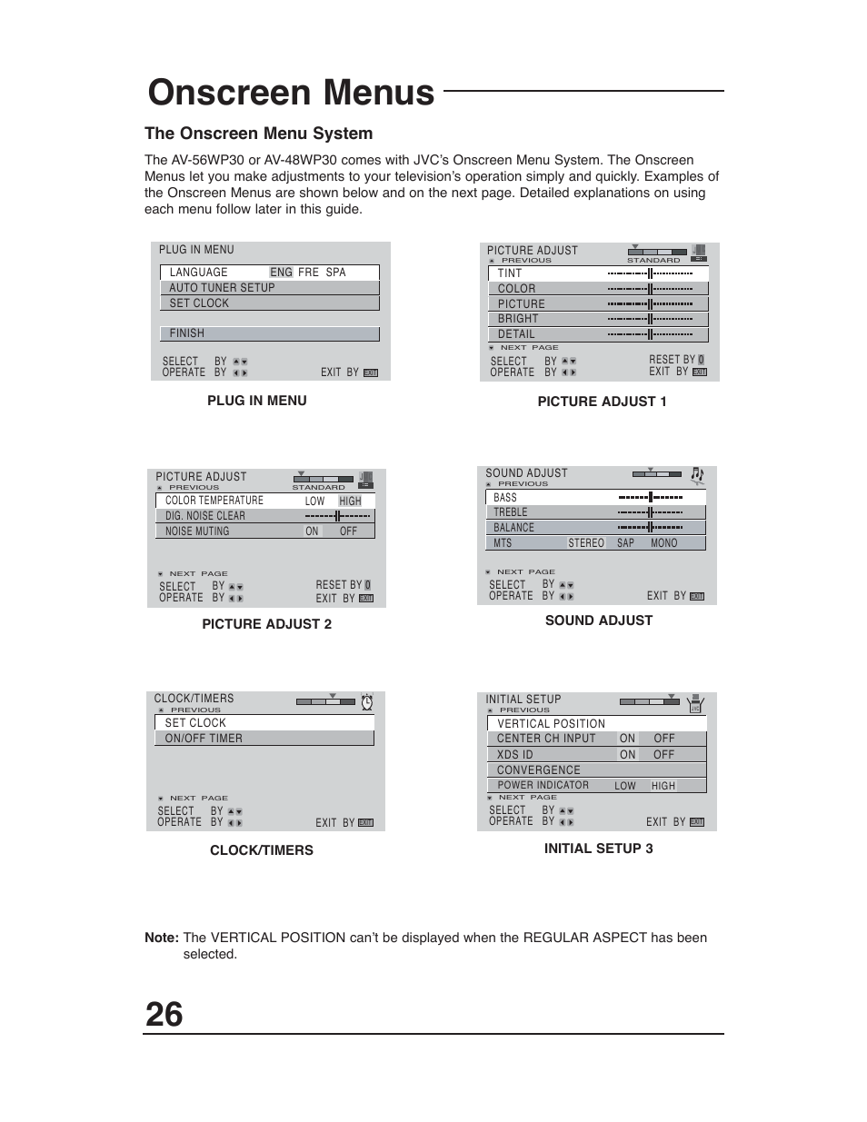 Onscreen menus, The onscreen menu system | JVC AV-48WP30 User Manual | Page 26 / 68