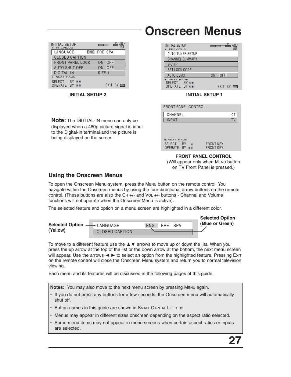 Onscreen menus, Using the onscreen menus | JVC AV-48WP30 User Manual | Page 27 / 68