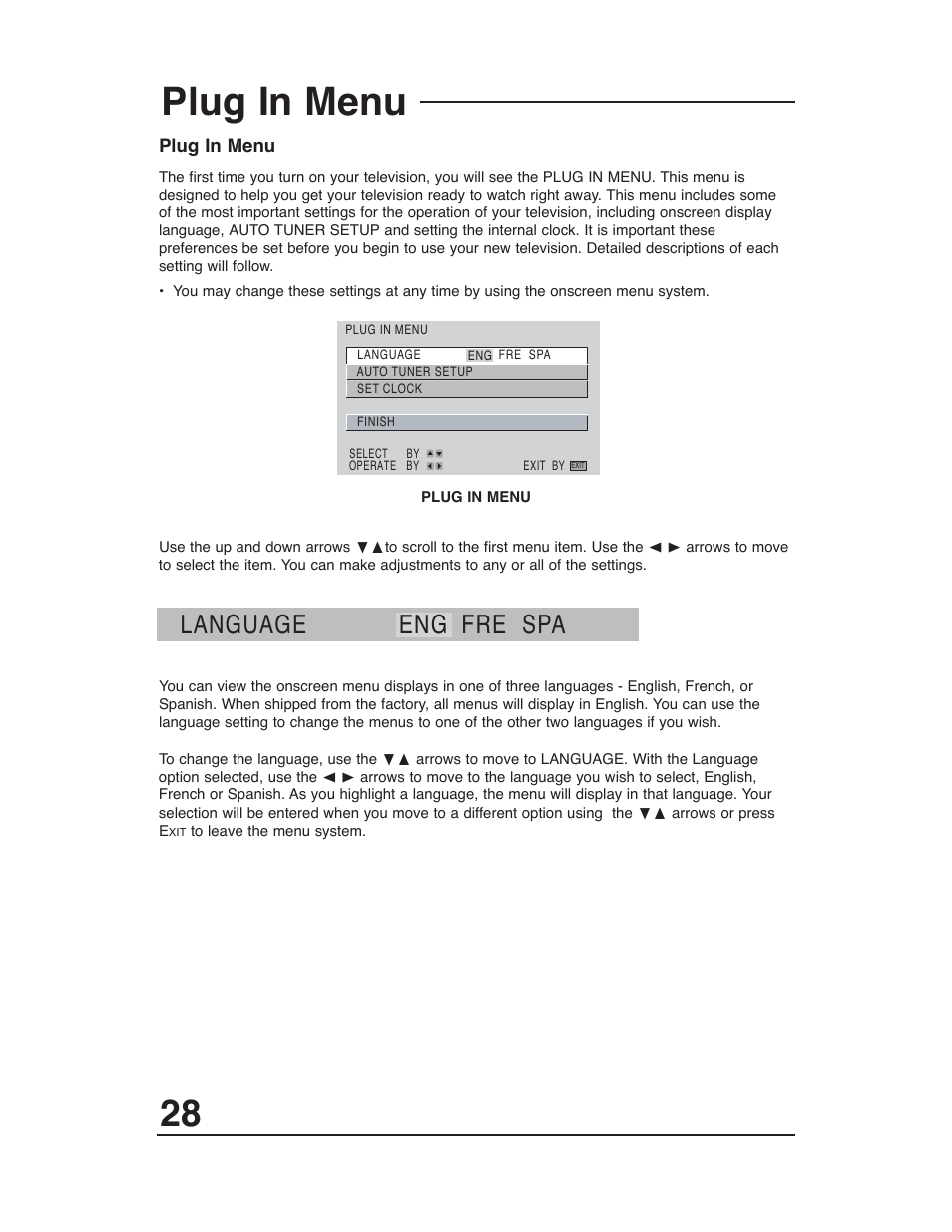 Plug in menu, Language eng fre spa | JVC AV-48WP30 User Manual | Page 28 / 68