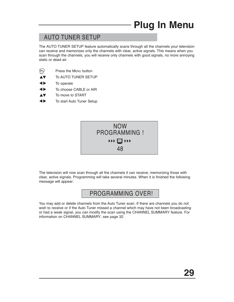 Plug in menu, 48 now programming ! programming over, Auto tuner setup | JVC AV-48WP30 User Manual | Page 29 / 68