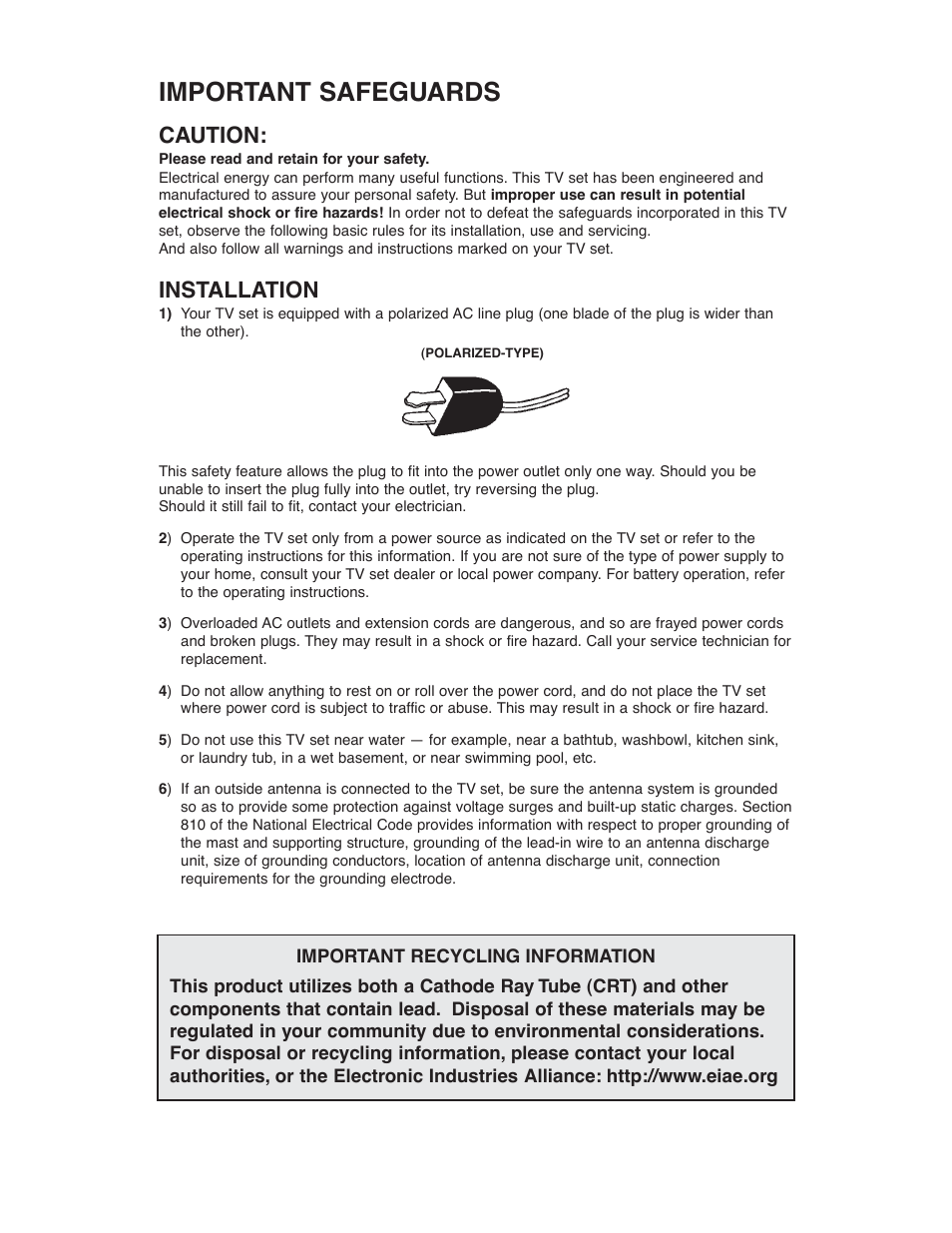Important safeguards, Caution, Installation | JVC AV-48WP30 User Manual | Page 3 / 68