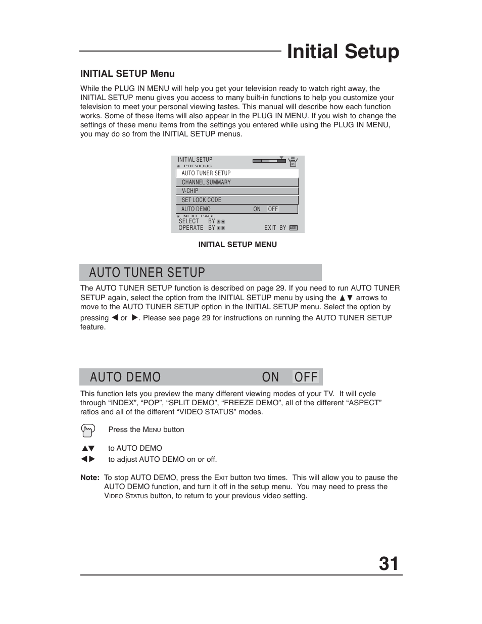 Initial setup, Auto tuner setup auto demo on off | JVC AV-48WP30 User Manual | Page 31 / 68