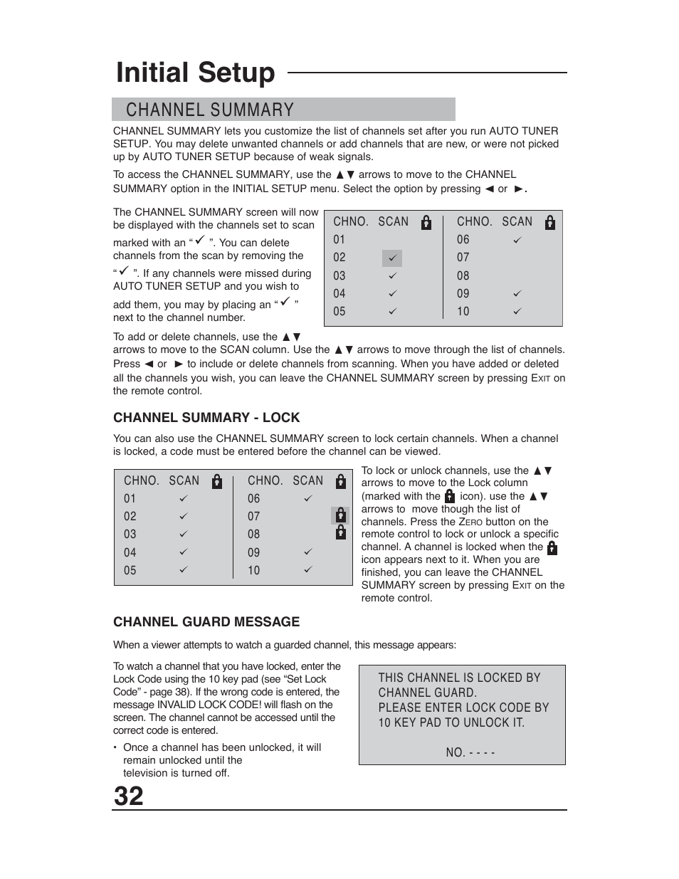 Initial setup, Channel summary | JVC AV-48WP30 User Manual | Page 32 / 68