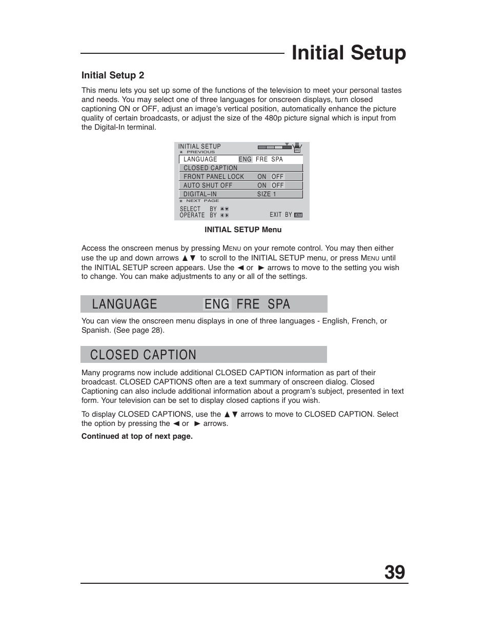 Initial setup, Language eng fre spa closed caption | JVC AV-48WP30 User Manual | Page 39 / 68