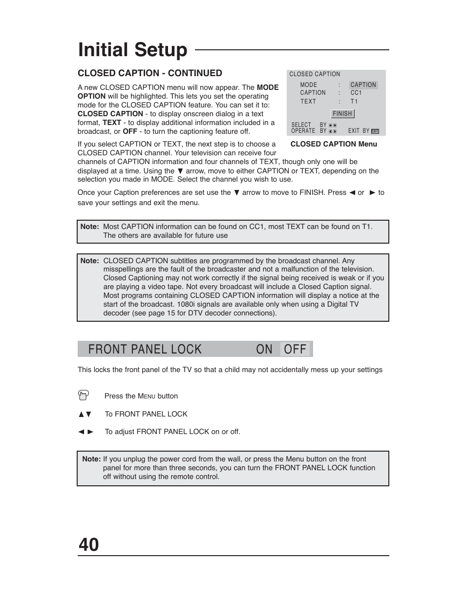 Initial setup, Front panel lock on off | JVC AV-48WP30 User Manual | Page 40 / 68