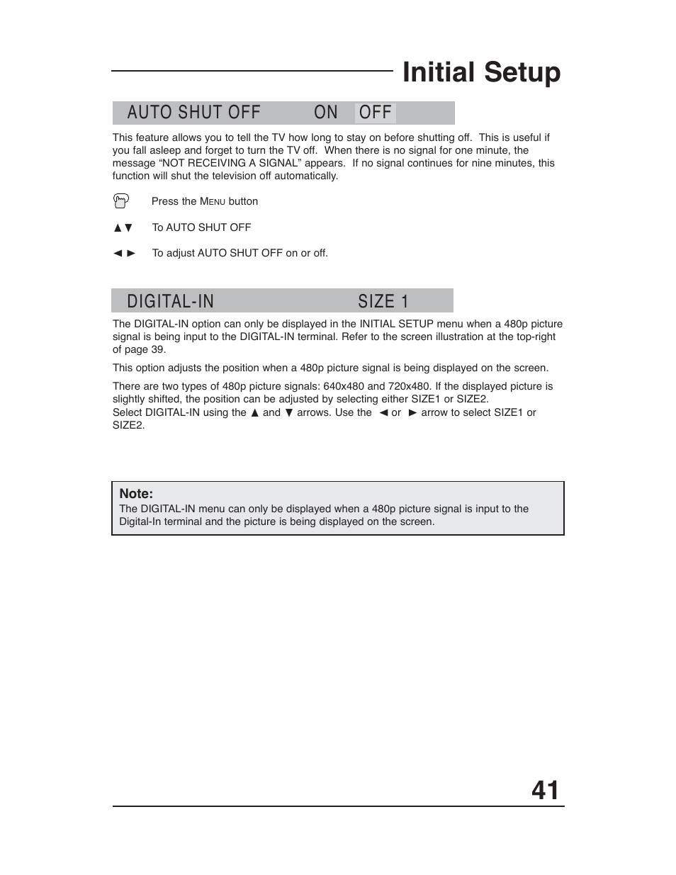 Initial setup, Auto shut off on off digital-in size 1 | JVC AV-48WP30 User Manual | Page 41 / 68