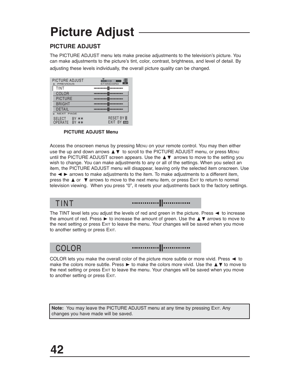 Picture adjust, T i n t, Color | JVC AV-48WP30 User Manual | Page 42 / 68