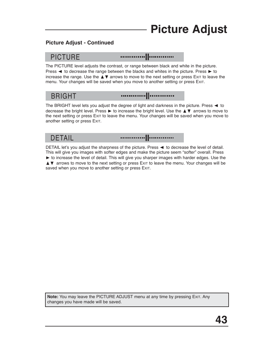 Picture adjust, Picture, Bright | Detail | JVC AV-48WP30 User Manual | Page 43 / 68