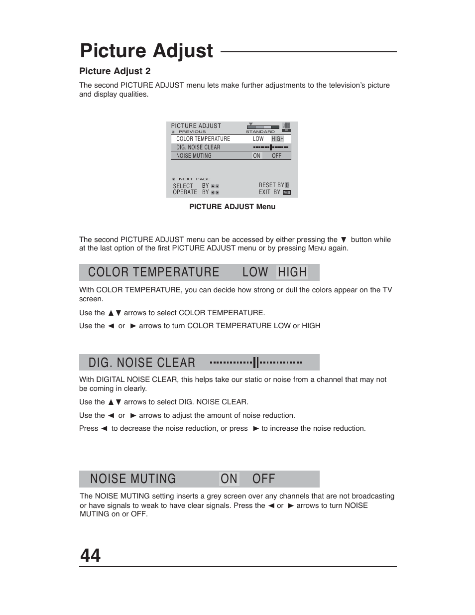 Picture adjust, On noise muting off, Dig. noise clear | Color temperature low high | JVC AV-48WP30 User Manual | Page 44 / 68