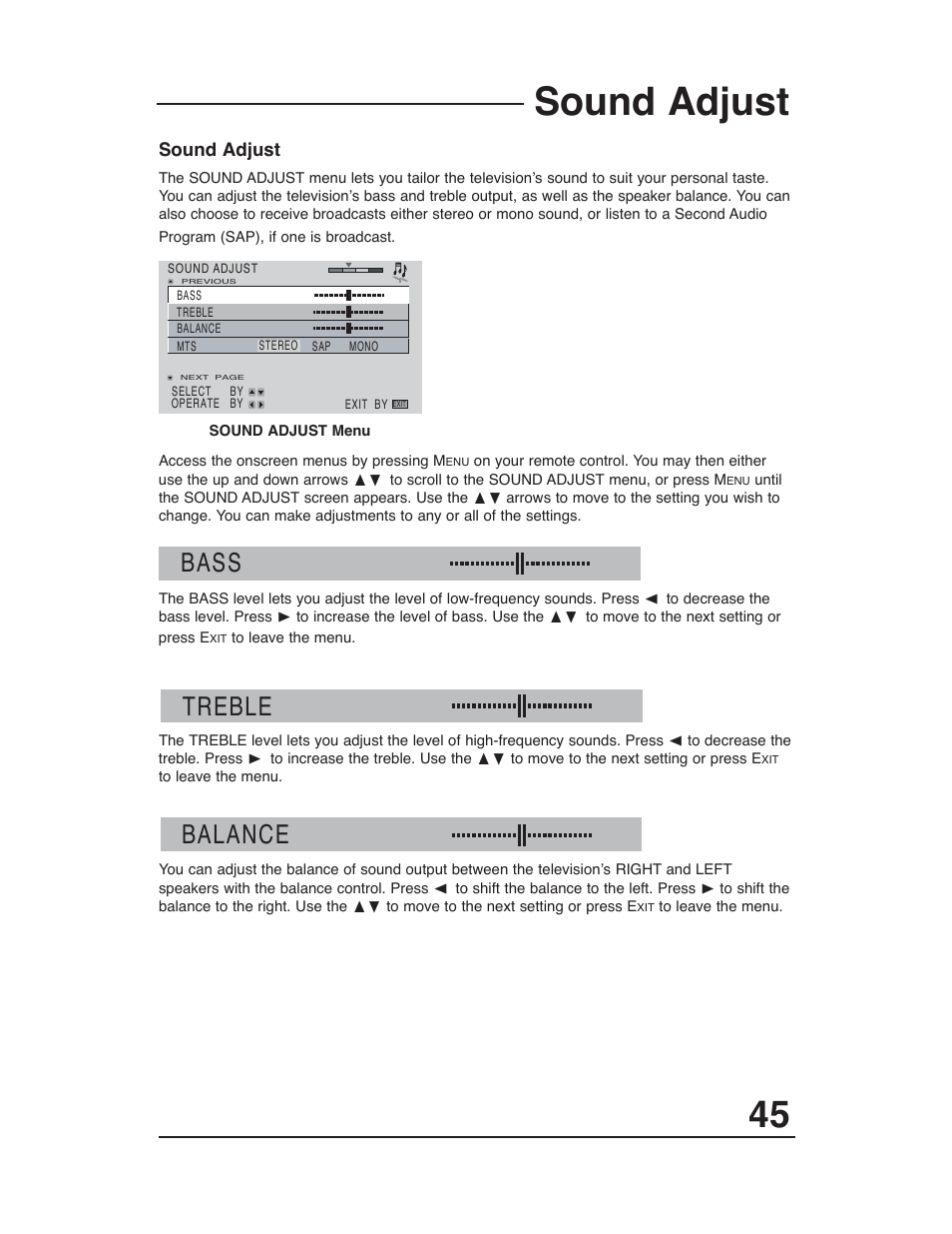 Sound adjust, Bass, Treble | Balance | JVC AV-48WP30 User Manual | Page 45 / 68
