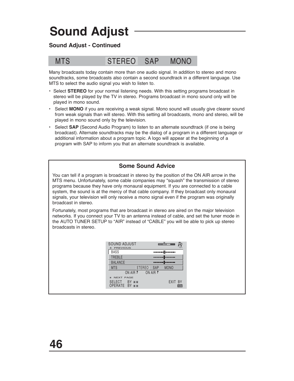 Sound adjust, Mts stereo sap mono | JVC AV-48WP30 User Manual | Page 46 / 68