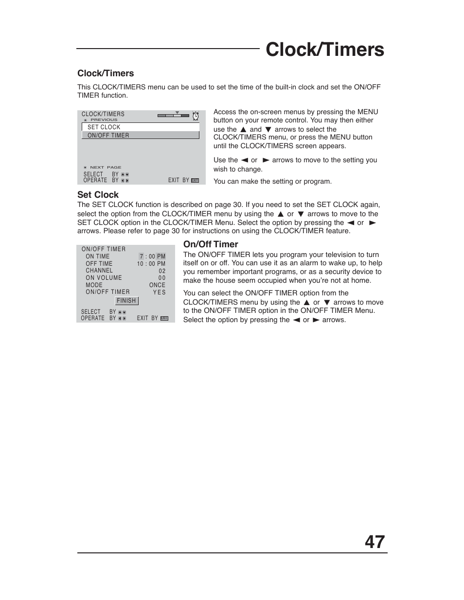 Clock/timers, Set clock, On/off timer | JVC AV-48WP30 User Manual | Page 47 / 68