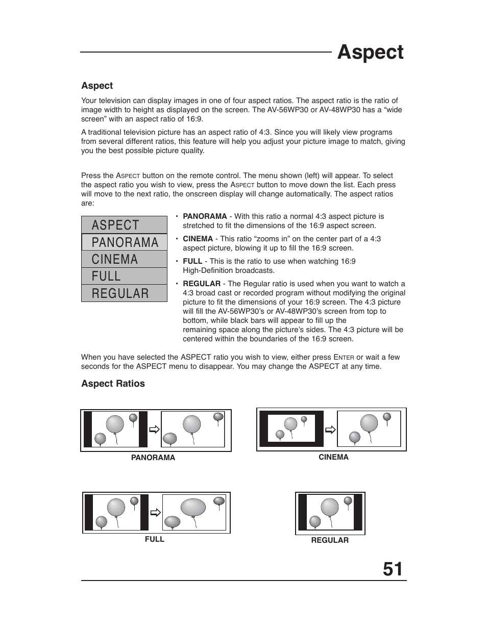 Aspect, Aspect panorama cinema full regular | JVC AV-48WP30 User Manual | Page 51 / 68