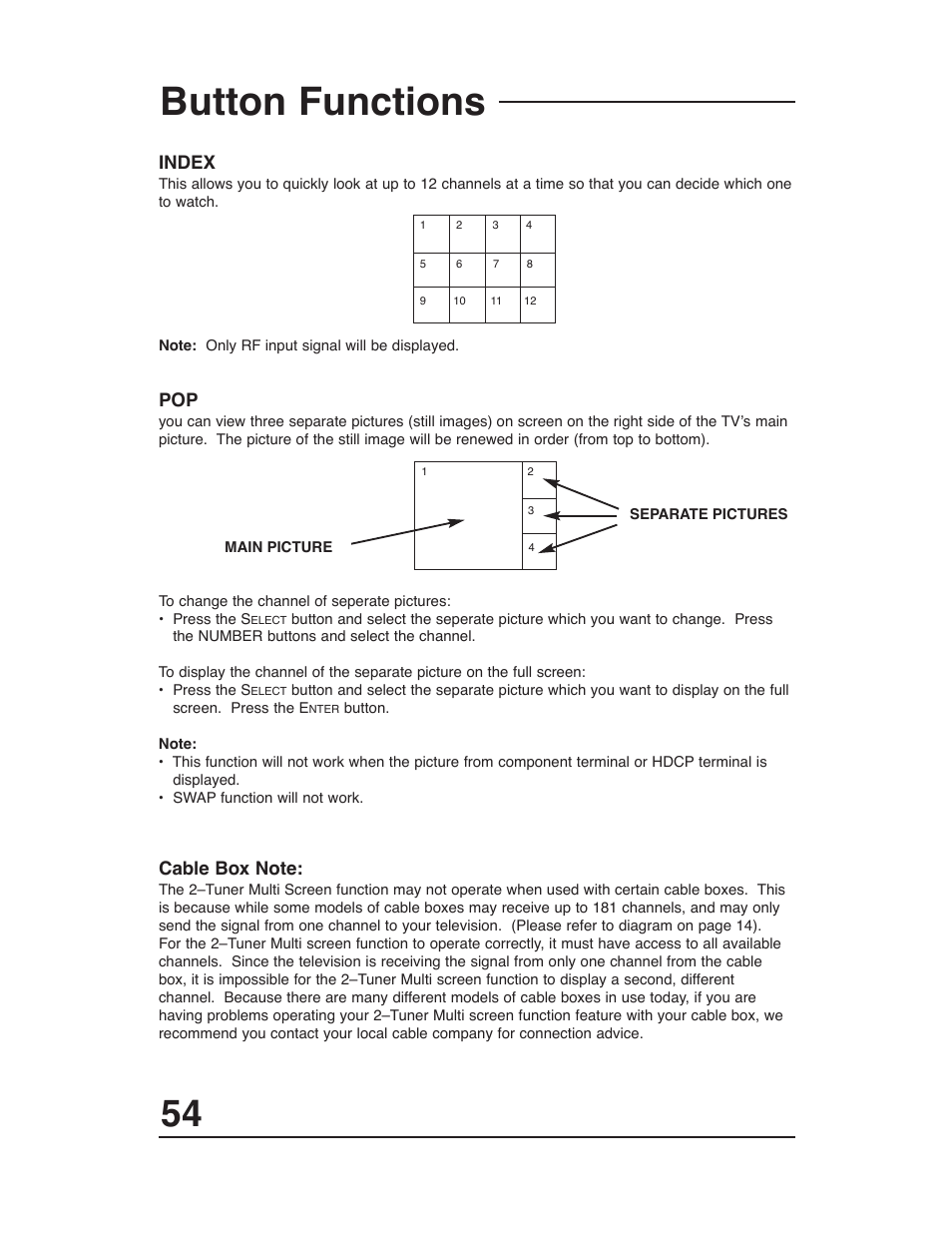 Button functions, Index | JVC AV-48WP30 User Manual | Page 54 / 68