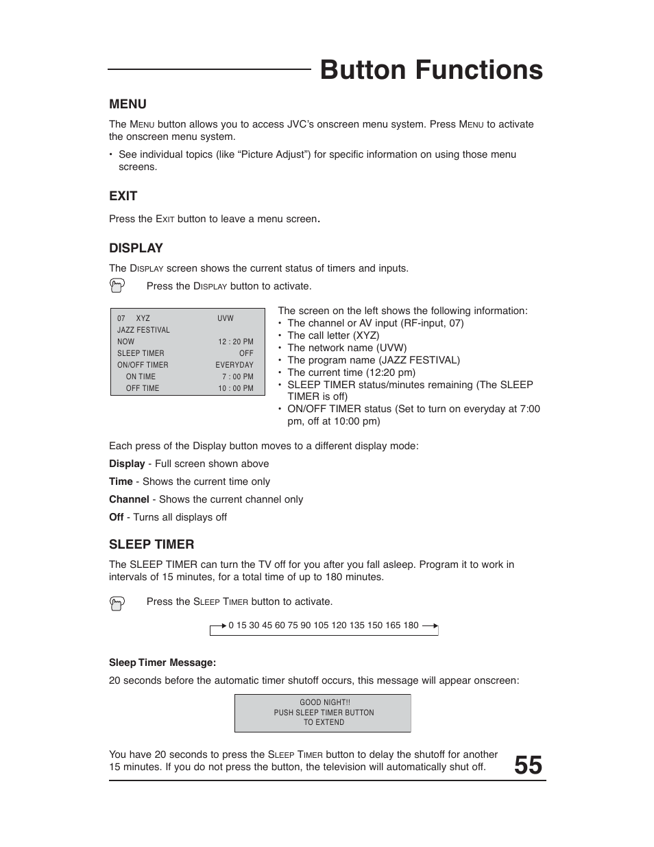 Button functions, Menu, Exit | Display, Sleep timer | JVC AV-48WP30 User Manual | Page 55 / 68