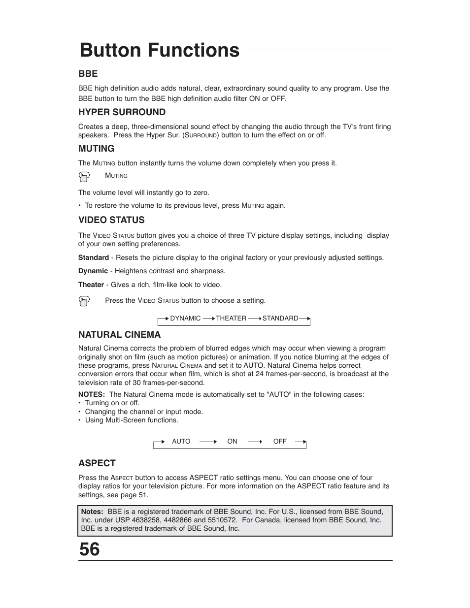 Button functions, Hyper surround, Muting | Video status, Natural cinema, Aspect | JVC AV-48WP30 User Manual | Page 56 / 68