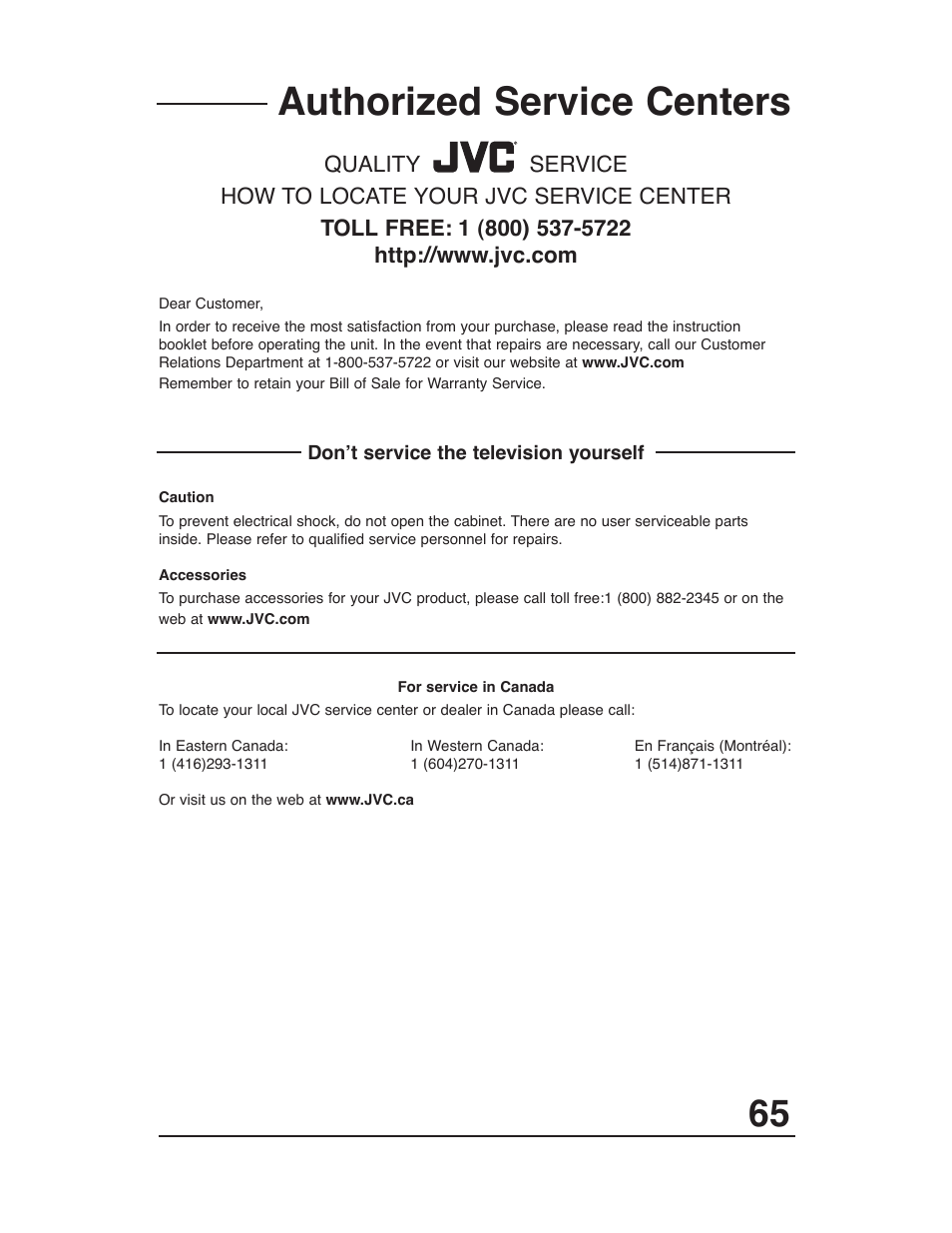 Authorized service centers | JVC AV-48WP30 User Manual | Page 65 / 68