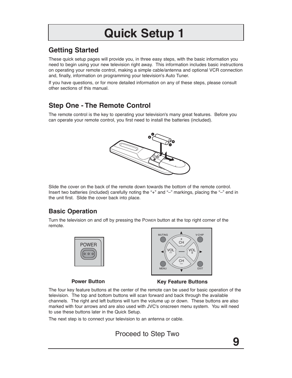 Quick setup 1, Getting started, Step one - the remote control | Proceed to step two, Basic operation | JVC AV-48WP30 User Manual | Page 9 / 68