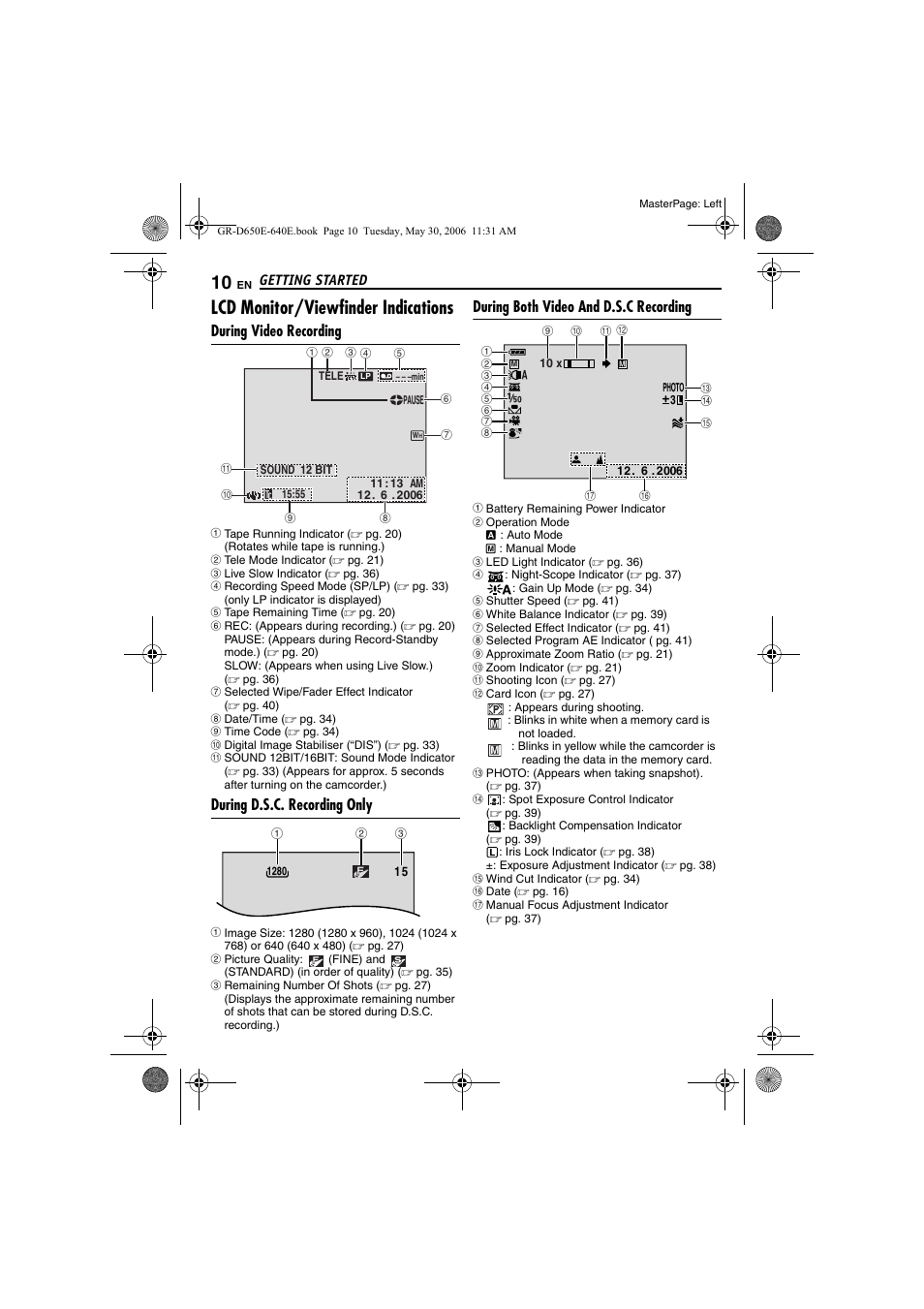 Lcd monitor/viewfinder indications, During video recording, During d.s.c. recording only | During both video and d.s.c recording | JVC GR-D640E User Manual | Page 10 / 56