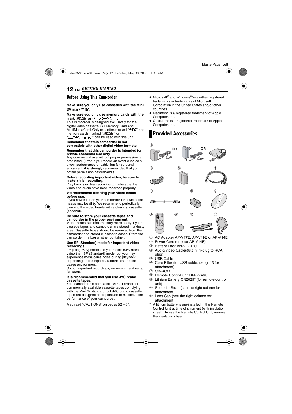 Before using this camcorder, Provided accessories, 6 and 12 | JVC GR-D640E User Manual | Page 12 / 56