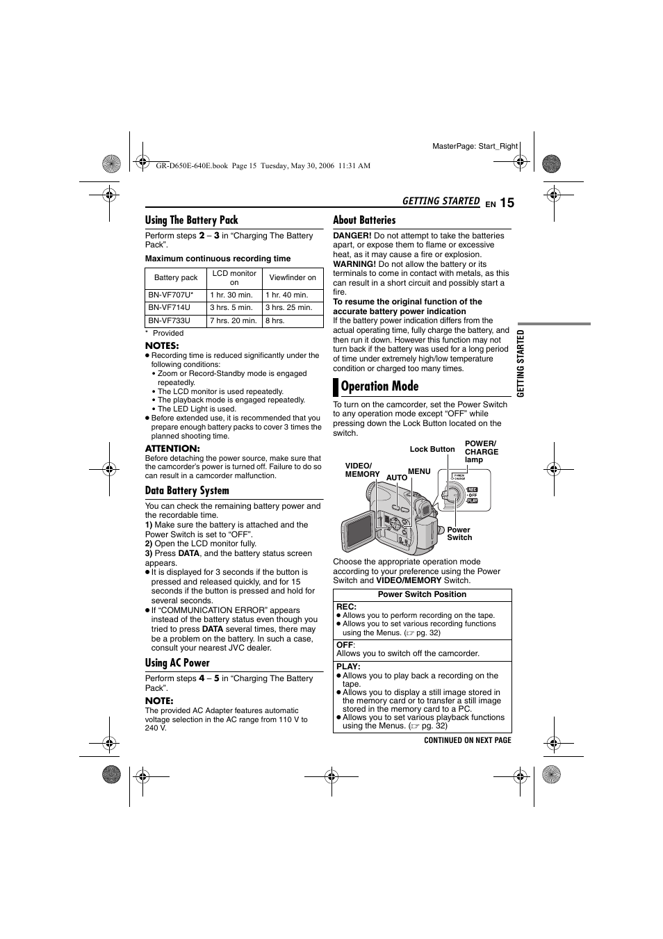 Using the battery pack, Data battery system, Using ac power | About batteries, Operation mode, Pg. 15) | JVC GR-D640E User Manual | Page 15 / 56