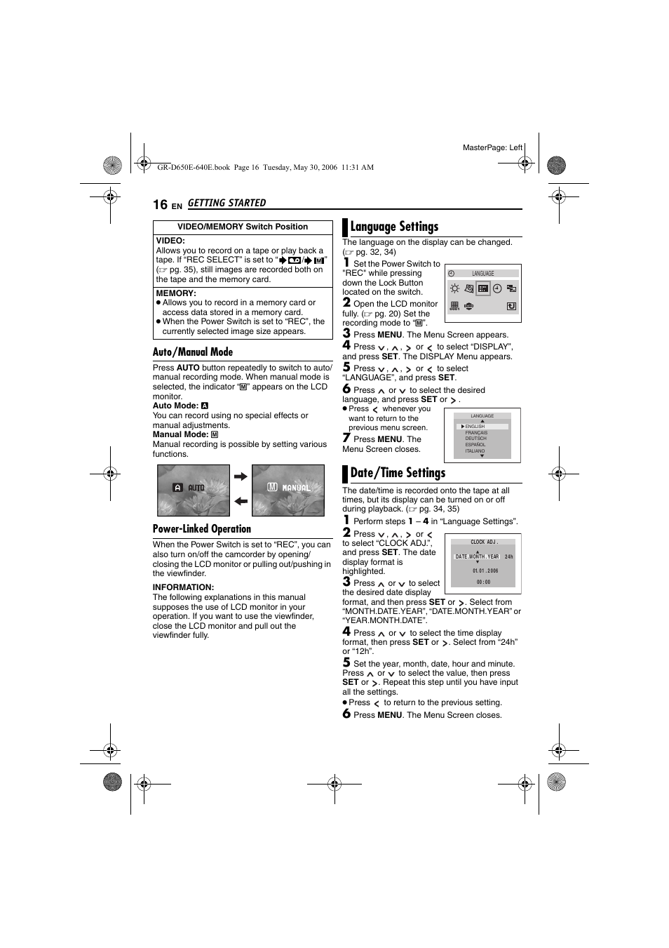 Auto/manual mode, Power-linked operation, Language settings | Date/time settings, Tton, Pg. 16), 16 date/time settings, Language settings date/time settings | JVC GR-D640E User Manual | Page 16 / 56