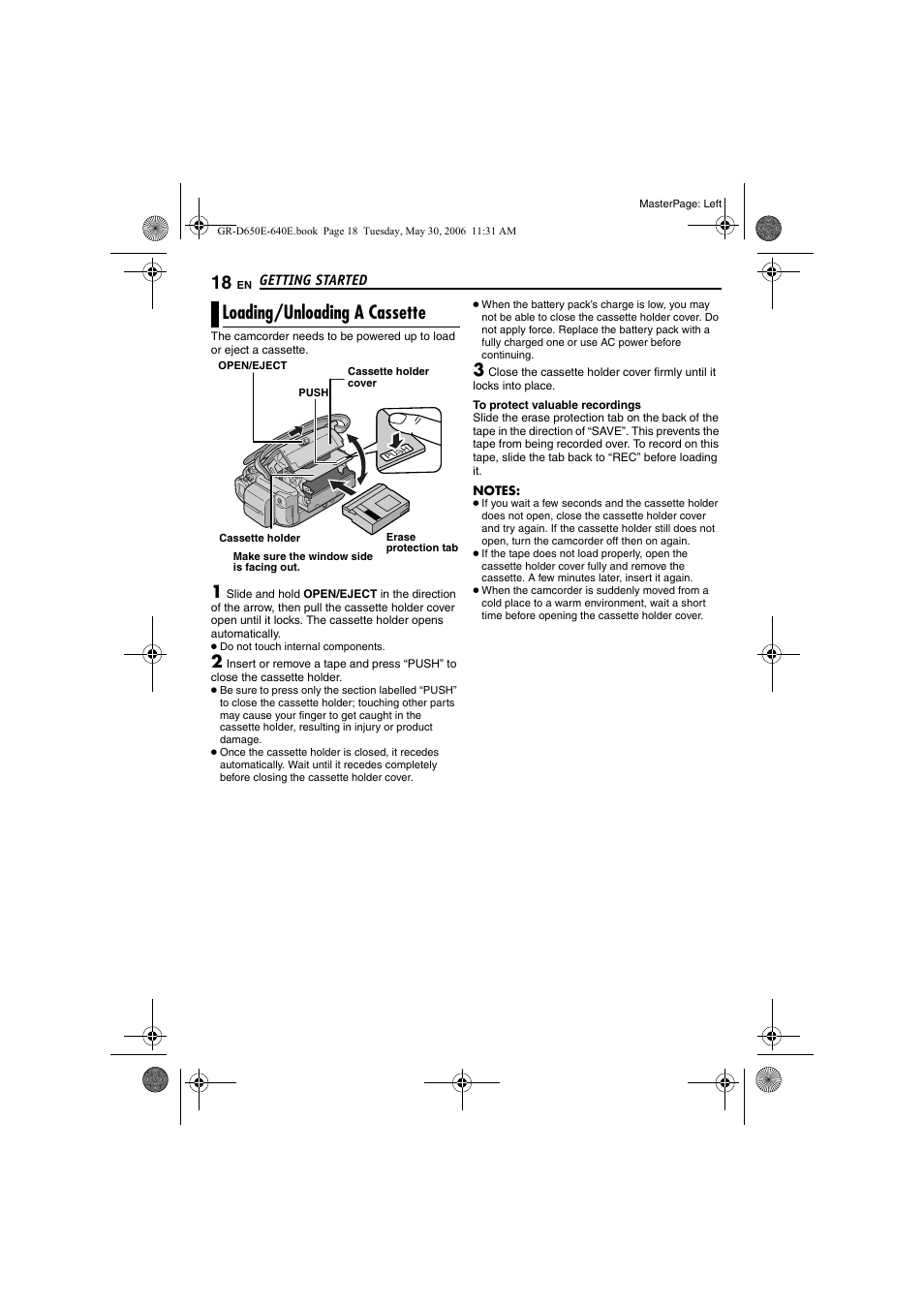 Loading/unloading a cassette, Pg. 18) | JVC GR-D640E User Manual | Page 18 / 56