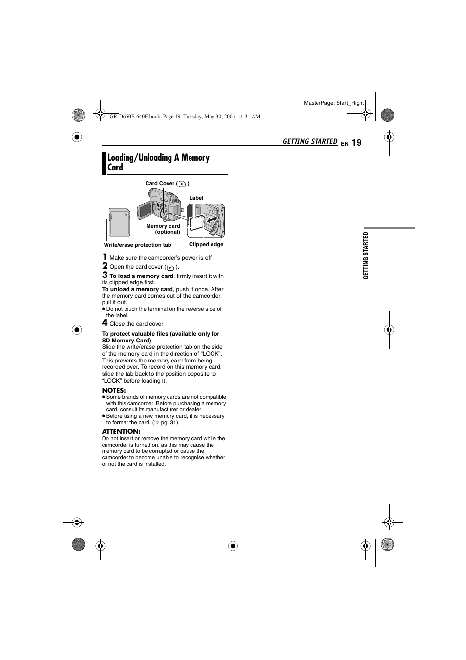 Loading/unloading a memory card, Pg. 19), Slot | JVC GR-D640E User Manual | Page 19 / 56