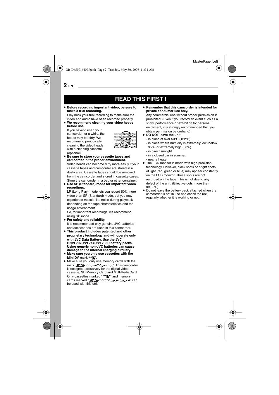 Read this first | JVC GR-D640E User Manual | Page 2 / 56