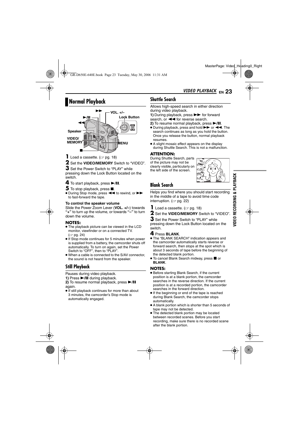 Video playback, Normal playback, Still playback | Shuttle search, Blank search, 23 shuttle search, 23 blank search, Pg. 23) | JVC GR-D640E User Manual | Page 23 / 56