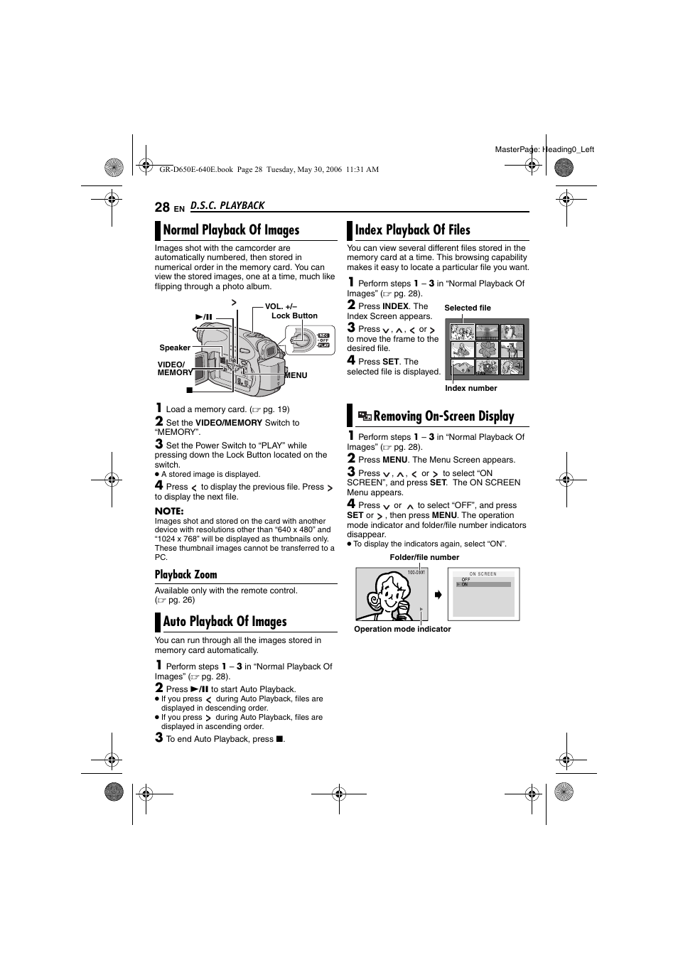 D.s.c. playback, Normal playback of images, Playback zoom | Auto playback of images, Index playback of files, Removing on-screen display, 28 auto playback of images, 28 index playback of files, 28 removing on-screen display, Ndex | JVC GR-D640E User Manual | Page 28 / 56