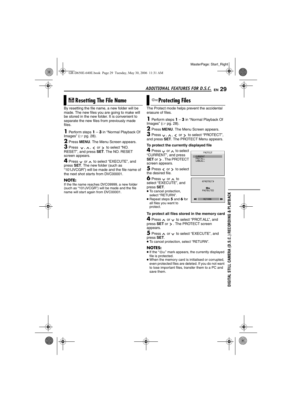 Additional features for d.s.c, Resetting the file name, Protecting files | 29 protecting files, Resetting the file name protecting files | JVC GR-D640E User Manual | Page 29 / 56