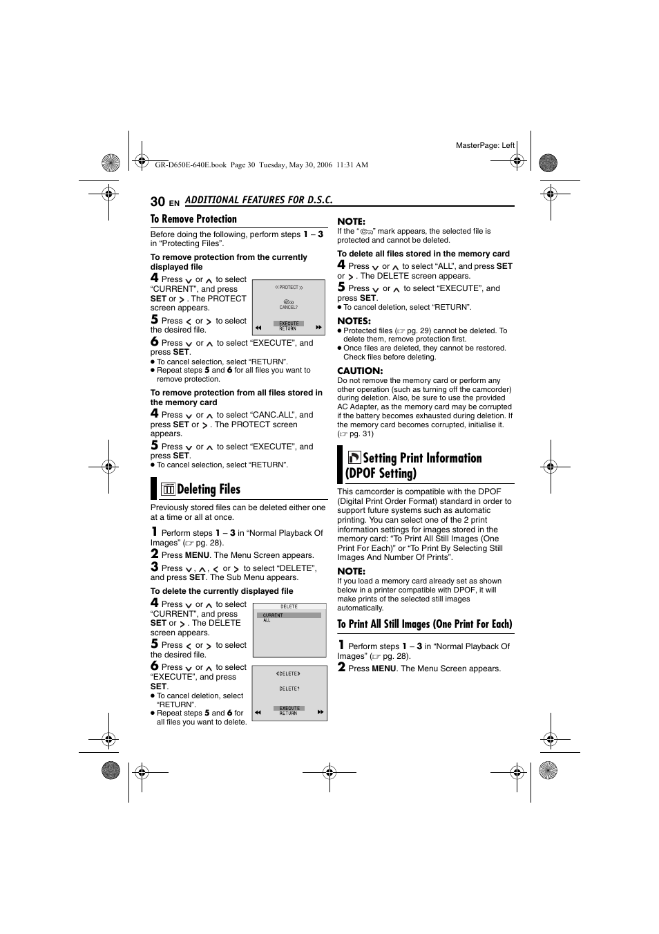 To remove protection, Deleting files, Setting print information (dpof setting) | To print all still images (one print for each), 30 setting print information (dpof setting), R to “deleting, Files, Pg. 30) | JVC GR-D640E User Manual | Page 30 / 56