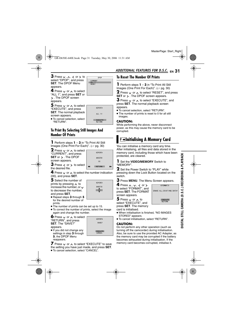 To reset the number of prints, Initialising a memory card, Pg. 31) | JVC GR-D640E User Manual | Page 31 / 56
