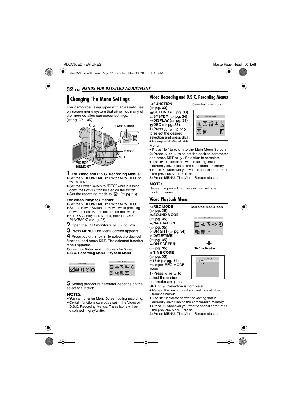 Menus for detailed adjustment, Changing the menu settings, Video recording and d.s.c. recording menus | Video playback menu, Pg. 32, Advanced features, Pg. 32), Pg. 32, 35), Pg. 32, 3 | JVC GR-D640E User Manual | Page 32 / 56